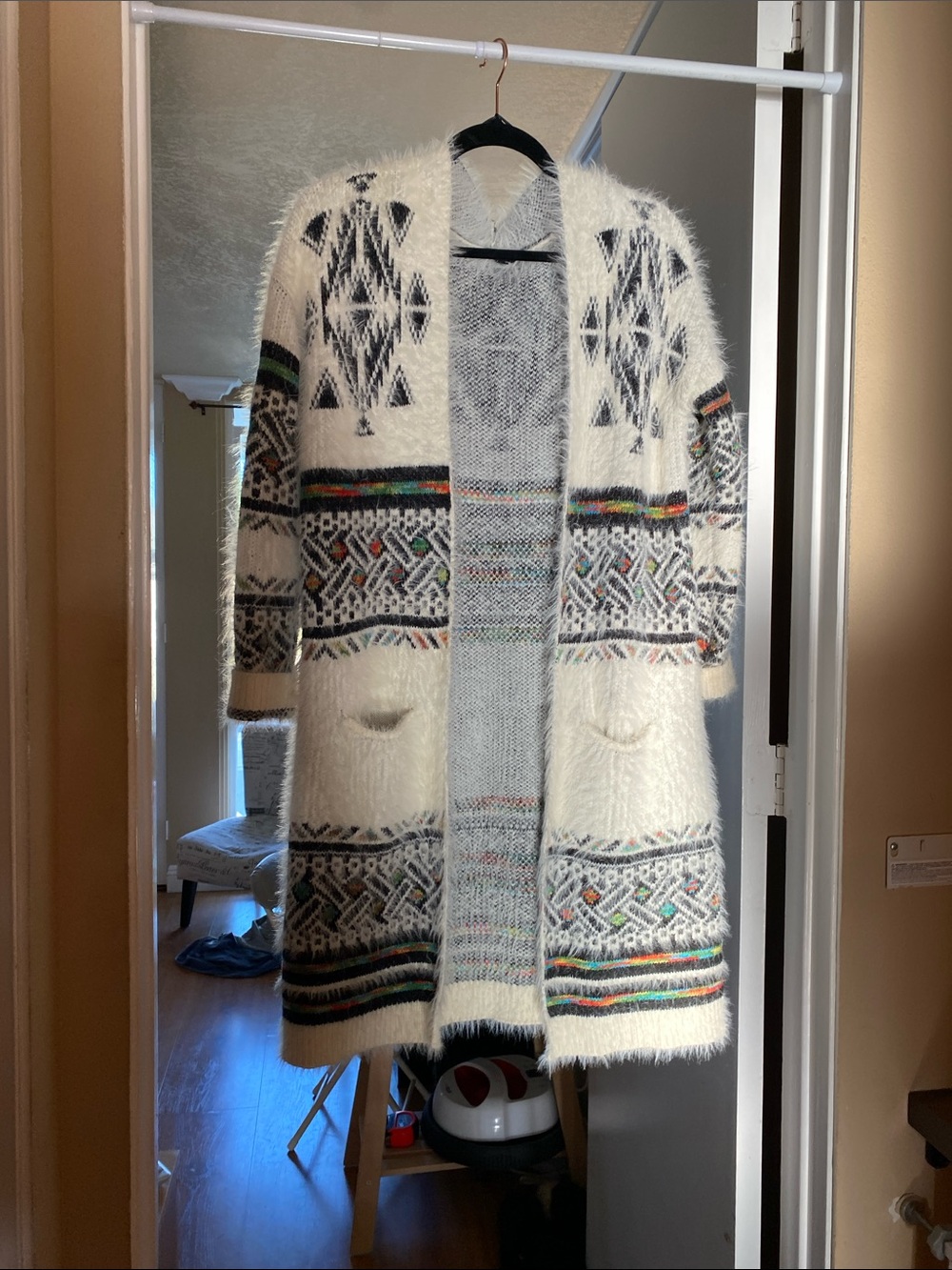 My Michelle Ivory Open-Front Fuzzy Fair Isle Cardigan
